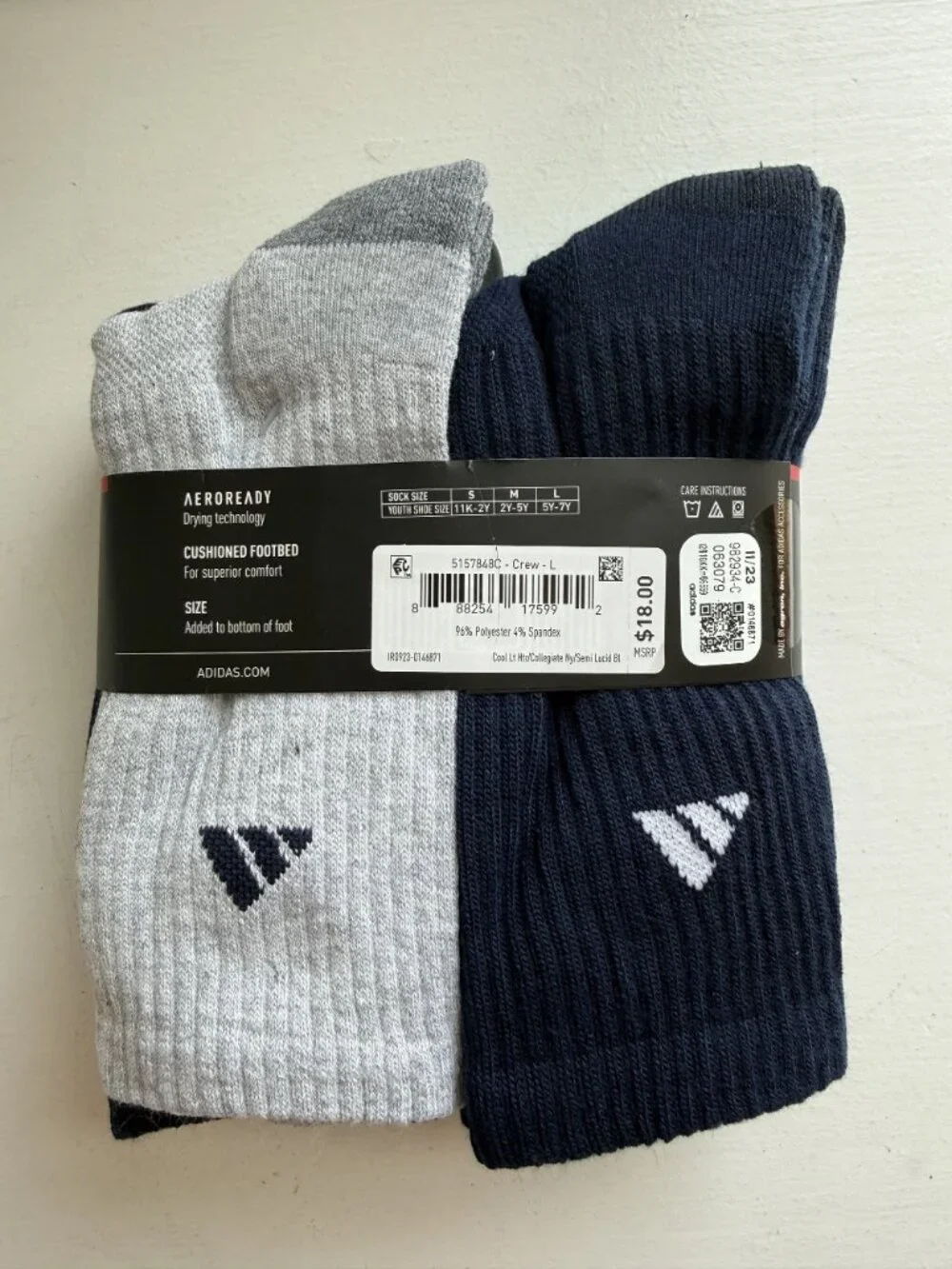 NWT Adidas Youth Cushioned AeroReady Crew Socks 6 Pair Size 5Y-7Y [jb]